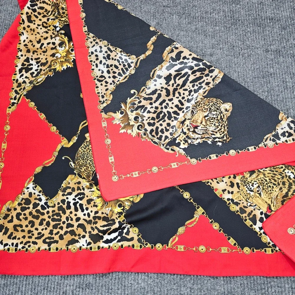 VTG Scarf Womens OS Red Leopard Print Chain Link Baroque Square Scarf